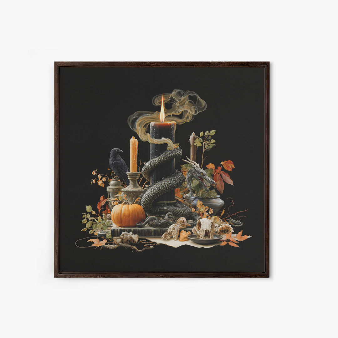 The Candle Smoke Dragon - Occult Still Life, Spooky Wall Decor, Square Wall Art, Framed Canvas Print, Halloween Home Decor, Gothic Wall Art