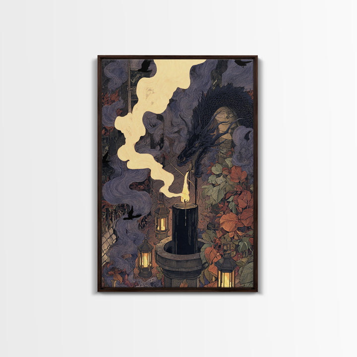 The Candle Smoke Dragon - Procession Scene, Occult Wall Decor, Vertical Wall Art, Canvas Print, Halloween Home Decor, Gothic Wall Art