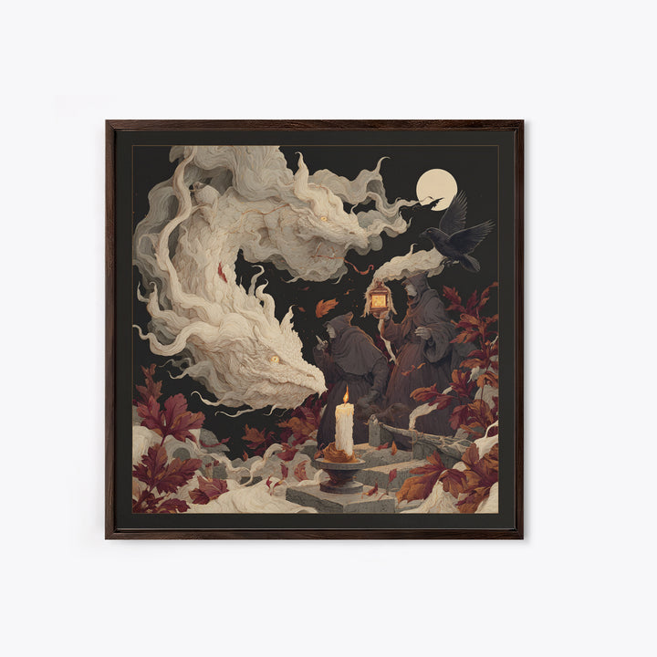 The Candle Smoke Dragon - Procession Scene, Spooky Wall Decor, Square Wall Art, Framed Canvas Print, Halloween Home Decor, Gothic Wall Art