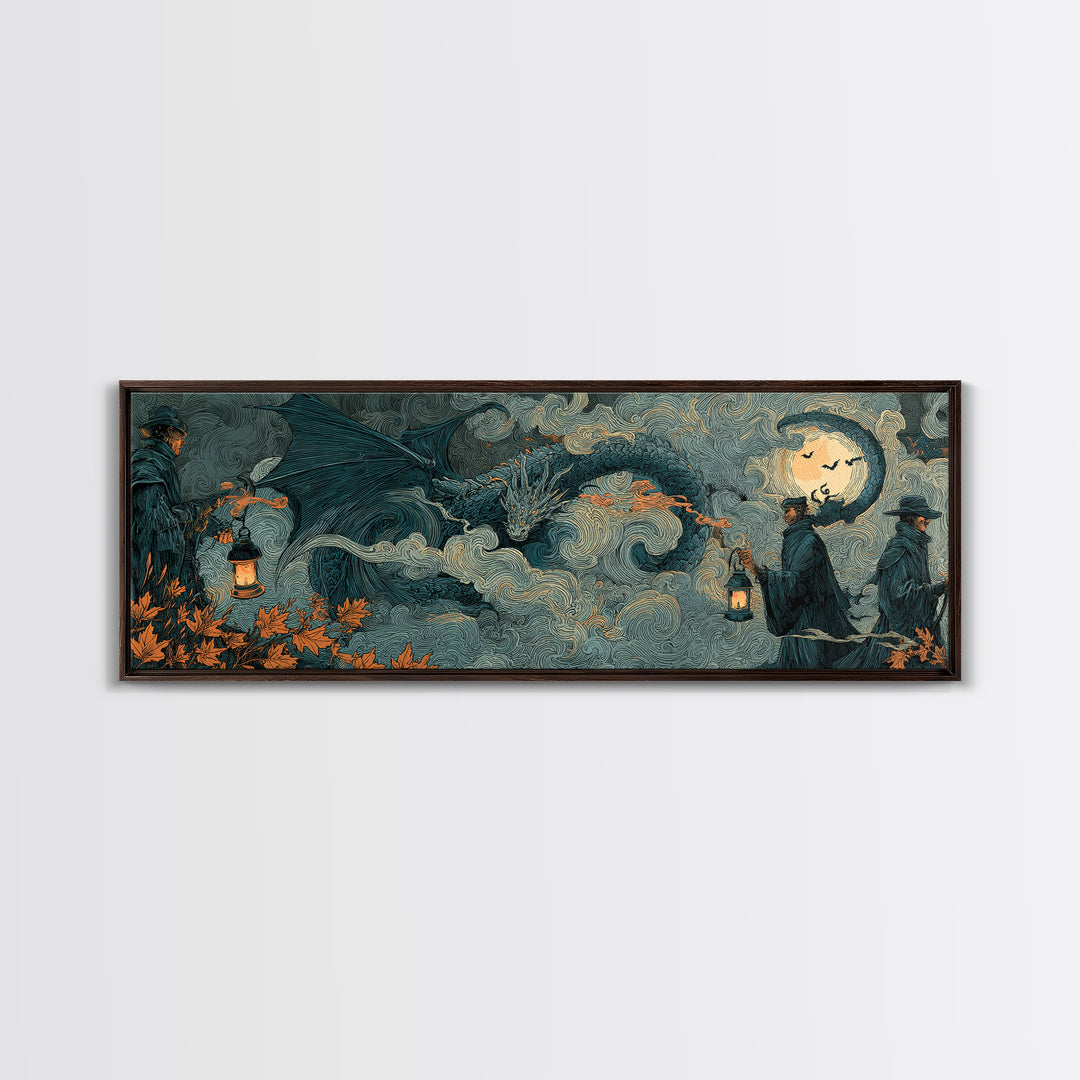 The Candle Smoke Dragon - Procession Scene, Halloween Wall Art, Extra Wide Wall Art, Framed Canvas Print, Halloween Home Decor