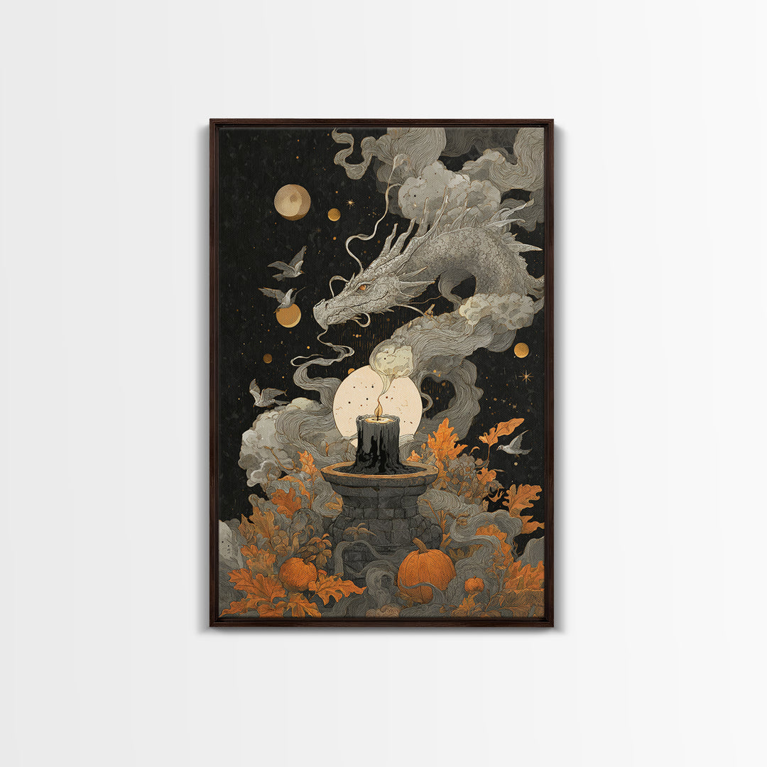 The Candle Smoke Dragon - Surreal Celestial Vision, Dark Fantasy Wall Art, Vertical Wall Art, Canvas Print, Halloween Home Decor