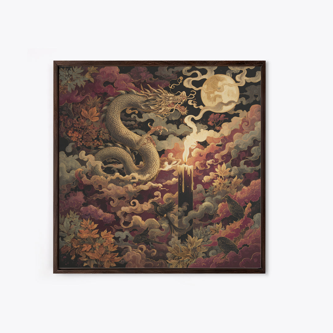 The Candle Smoke Dragon - Surreal Celestial Vision, Macabre Halloween Art, Square Wall Art, Framed Canvas Print, Halloween Home Decor