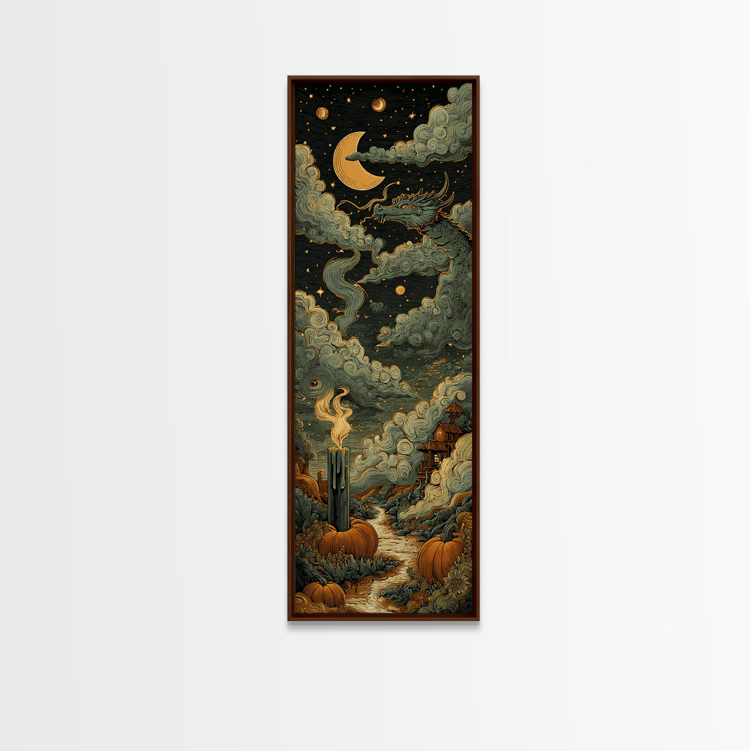 The Candle Smoke Dragon - Surreal Celestial Vision, Halloween Wall Art, Tall Narrow Wall Art, Framed Canvas Print, Halloween Home Decor
