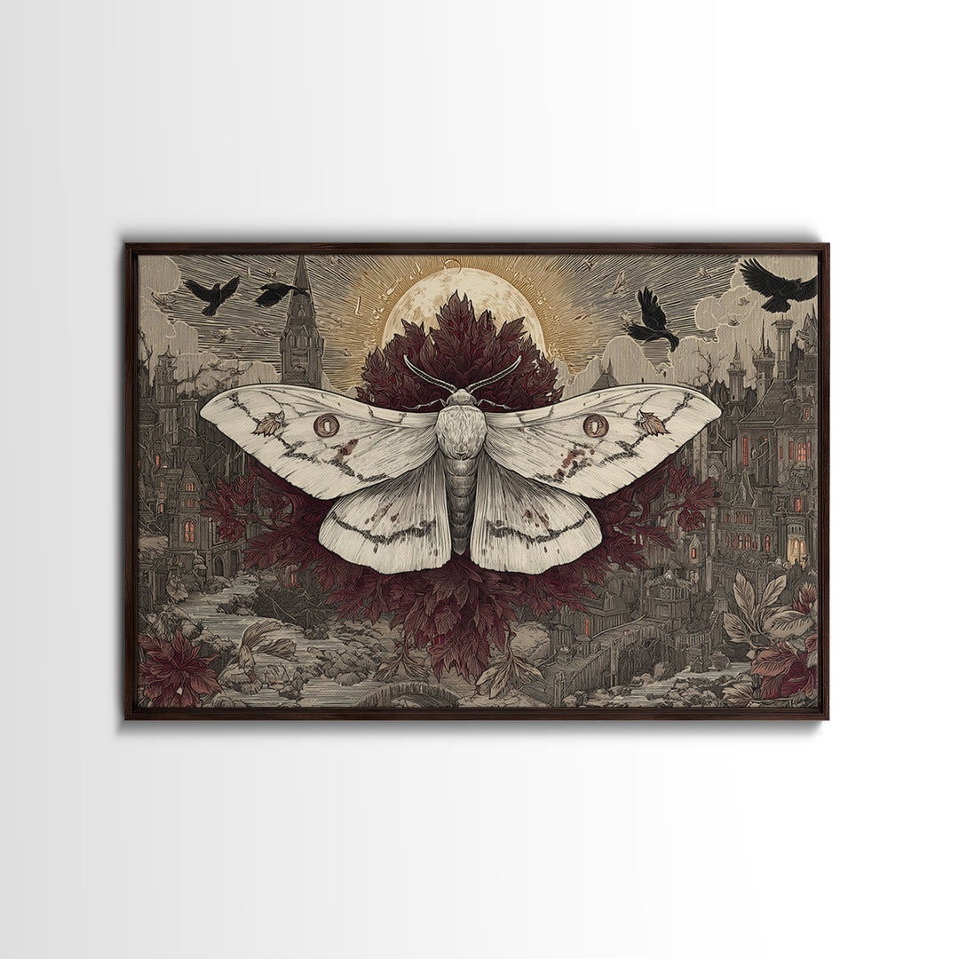 The Mourning Moth Halo - Environmental Panorama, Macabre Halloween Art, Landscape Wall Art, Framed Canvas Print, Halloween Home Decor