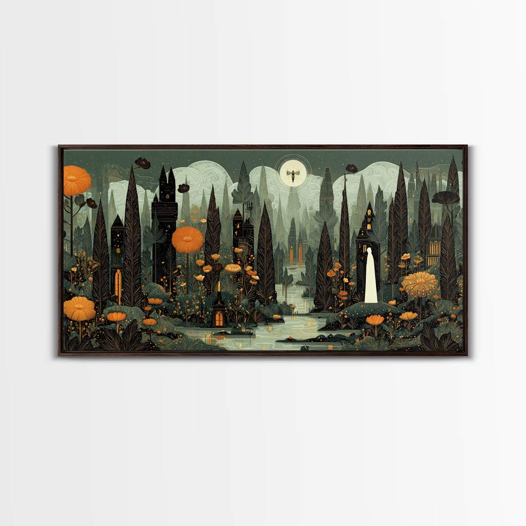 The Mourning Moth Halo - Environmental Panorama, Dark Fantasy Wall Art, Wide Panoramic Art, Canvas Print, Halloween Home Decor