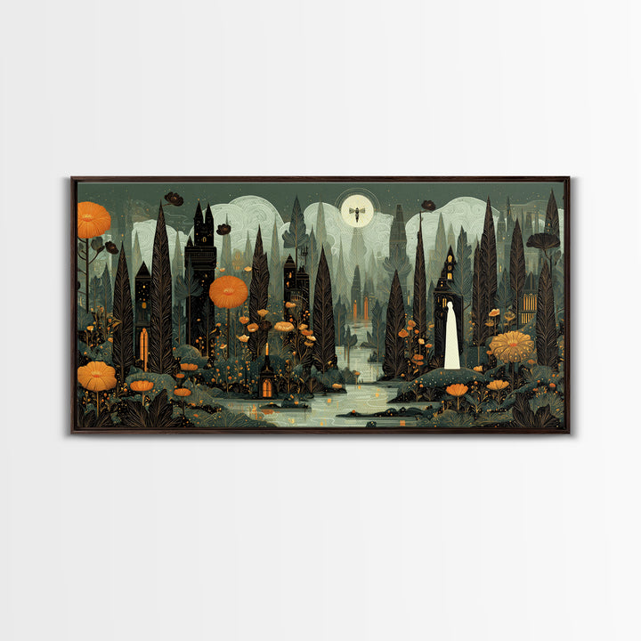 The Mourning Moth Halo - Environmental Panorama, Dark Fantasy Wall Art, Wide Panoramic Art, Canvas Print, Halloween Home Decor