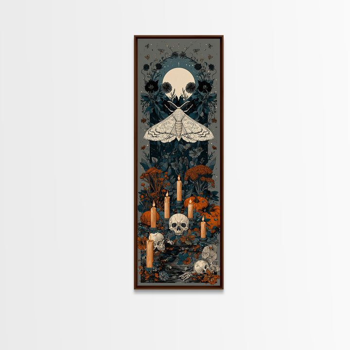 The Mourning Moth Halo - Occult Still Life, Macabre Halloween Art, Tall Narrow Wall Art, Framed Canvas Print, Halloween Home Decor