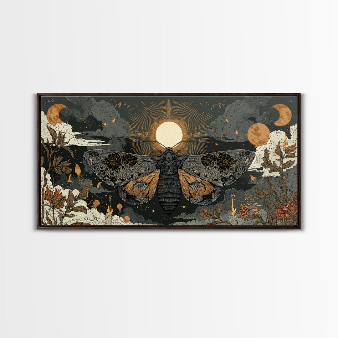 The Mourning Moth Halo - Surreal Celestial Vision, Macabre Halloween Art, Wide Panoramic Art, Framed Canvas Print, Halloween Home Decor