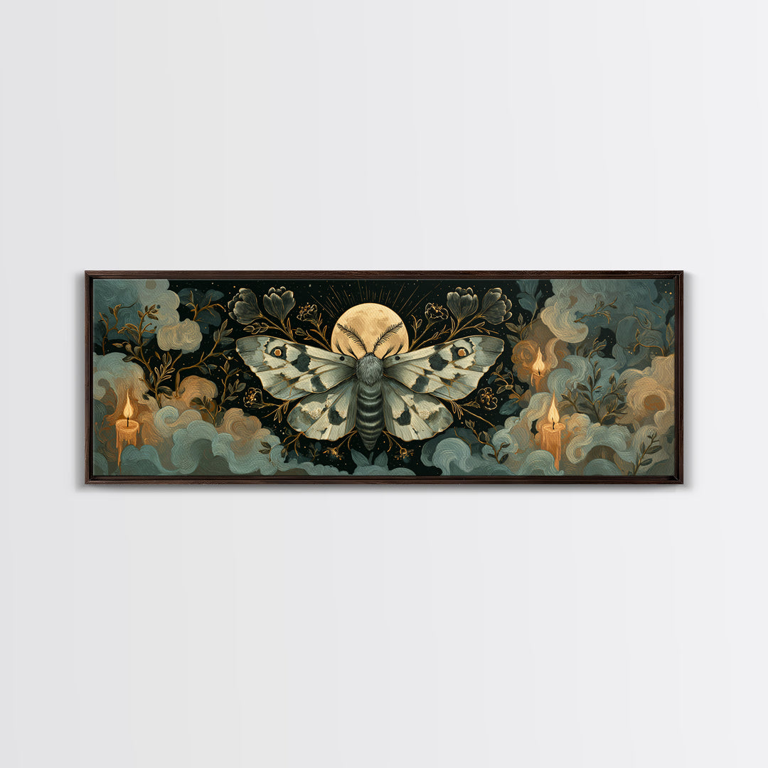 The Mourning Moth Halo - Surreal Celestial Vision, Gothic Home Decor, Extra Wide Wall Art, Canvas Print, Halloween Home Decor