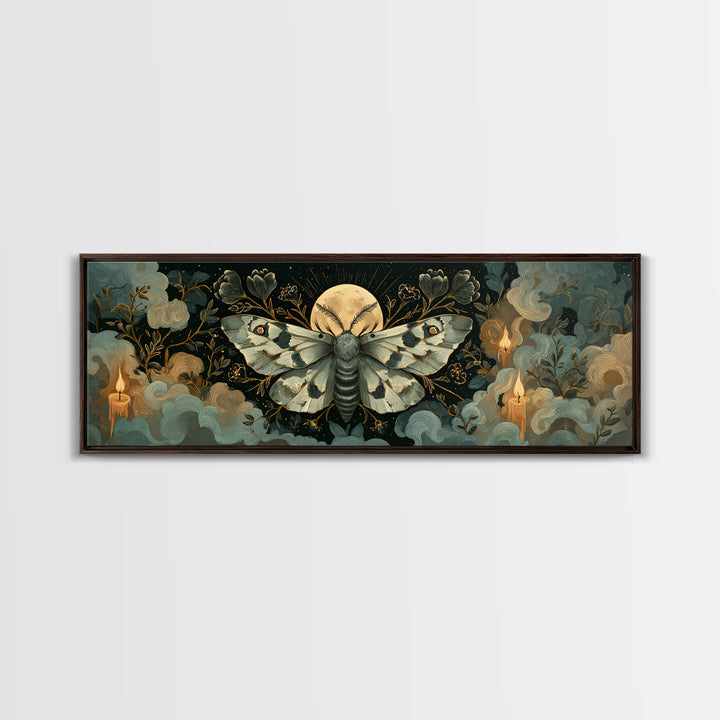 The Mourning Moth Halo - Surreal Celestial Vision, Gothic Home Decor, Extra Wide Wall Art, Canvas Print, Halloween Home Decor