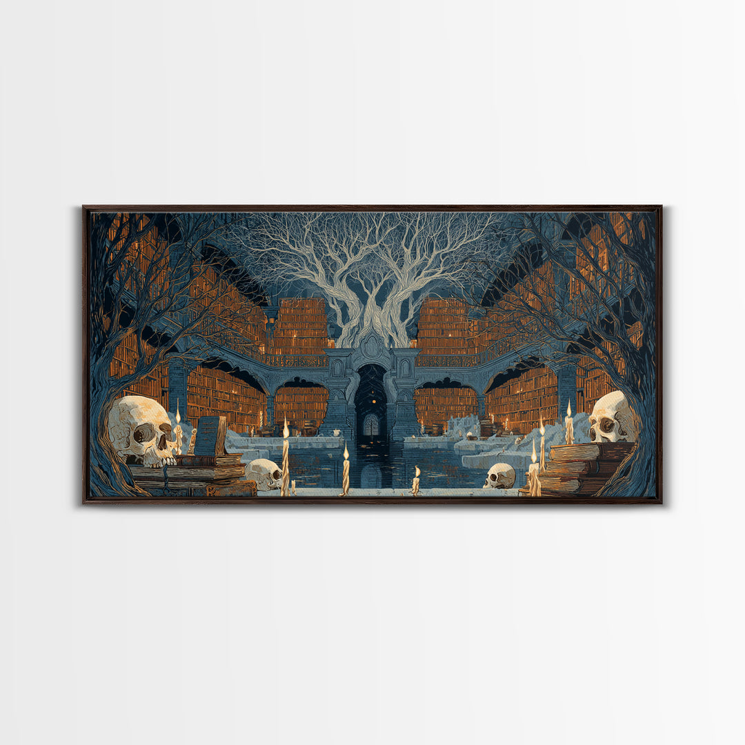 The Catacomb Library - Icon Portrait, Spooky Wall Decor, Wide Panoramic Art, Framed Canvas Print, Halloween Home Decor, Gothic Wall Art