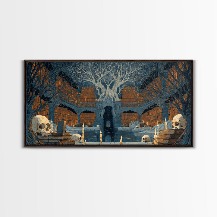 The Catacomb Library - Icon Portrait, Spooky Wall Decor, Wide Panoramic Art, Framed Canvas Print, Halloween Home Decor, Gothic Wall Art