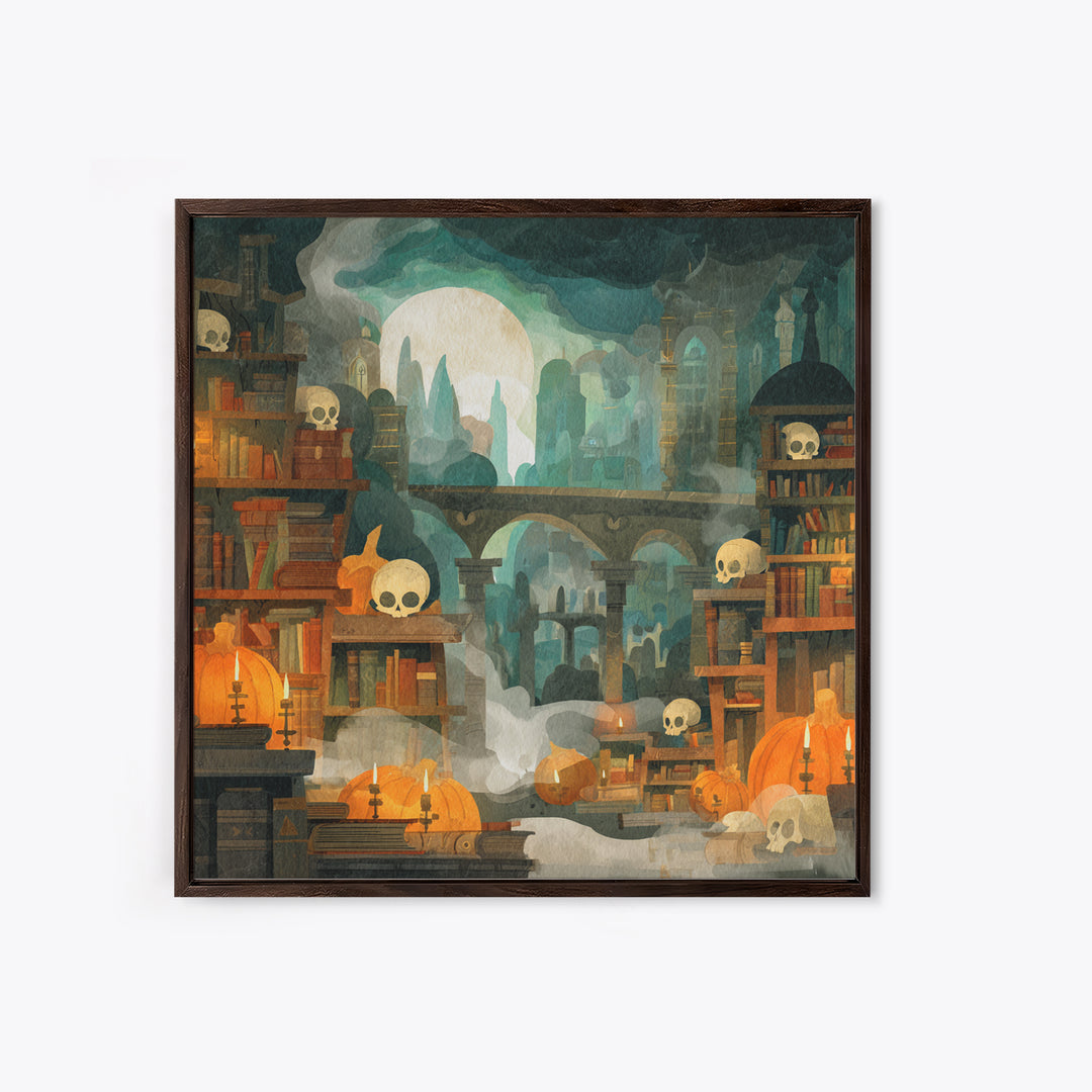 The Catacomb Library - Environmental Panorama, Macabre Halloween Art, Square Wall Art, Framed Canvas Print, Halloween Home Decor