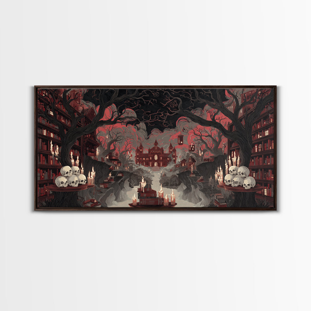 The Catacomb Library - Environmental Panorama, Macabre Halloween Art, Wide Panoramic Art, Framed Canvas Print, Halloween Home Decor