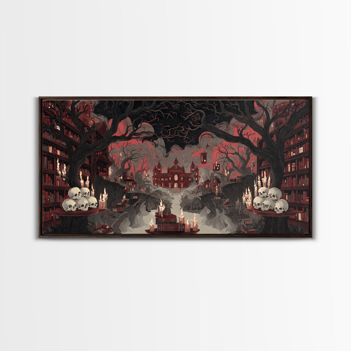 The Catacomb Library - Environmental Panorama, Macabre Halloween Art, Wide Panoramic Art, Framed Canvas Print, Halloween Home Decor
