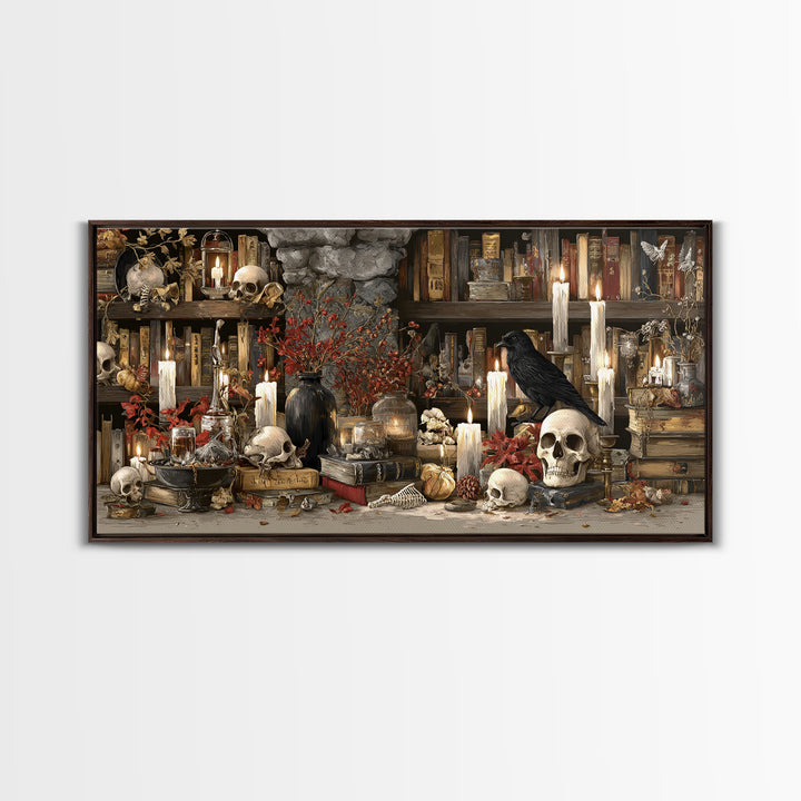 The Catacomb Library - Occult Still Life, Halloween Wall Art, Wide Panoramic Art, Framed Canvas Print, Halloween Home Decor, Gothic Wall Art