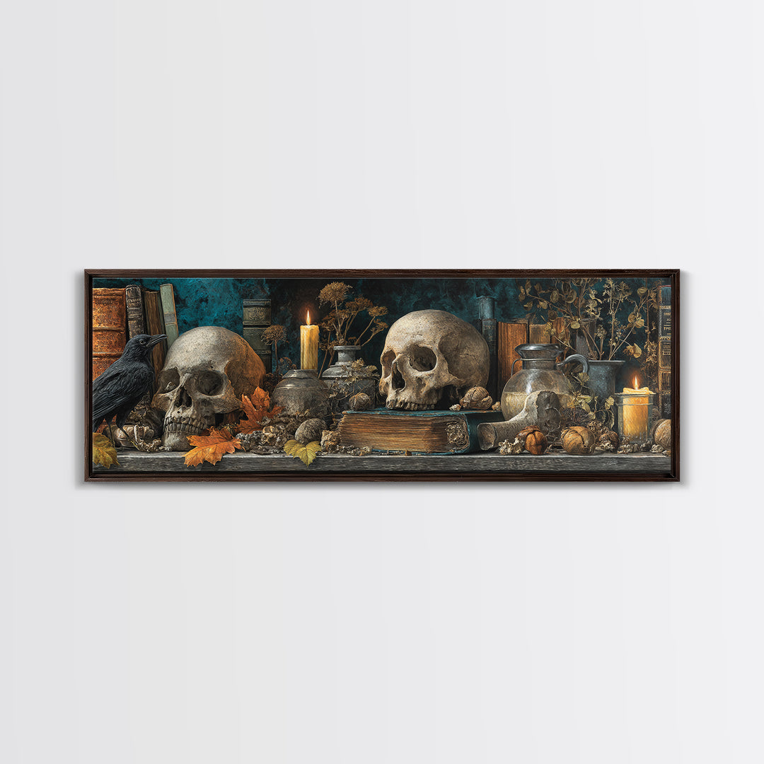 The Catacomb Library - Occult Still Life, Occult Wall Decor, Extra Wide Wall Art, Canvas Print, Halloween Home Decor, Gothic Wall Art
