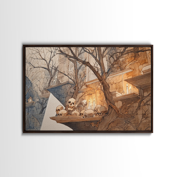 The Catacomb Library - Procession Scene, Spooky Wall Decor, Landscape Wall Art, Framed Canvas Print, Halloween Home Decor, Gothic Wall Art