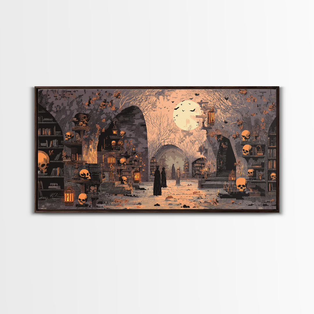The Catacomb Library - Procession Scene, Occult Wall Decor, Wide Panoramic Art, Canvas Print, Halloween Home Decor, Gothic Wall Art