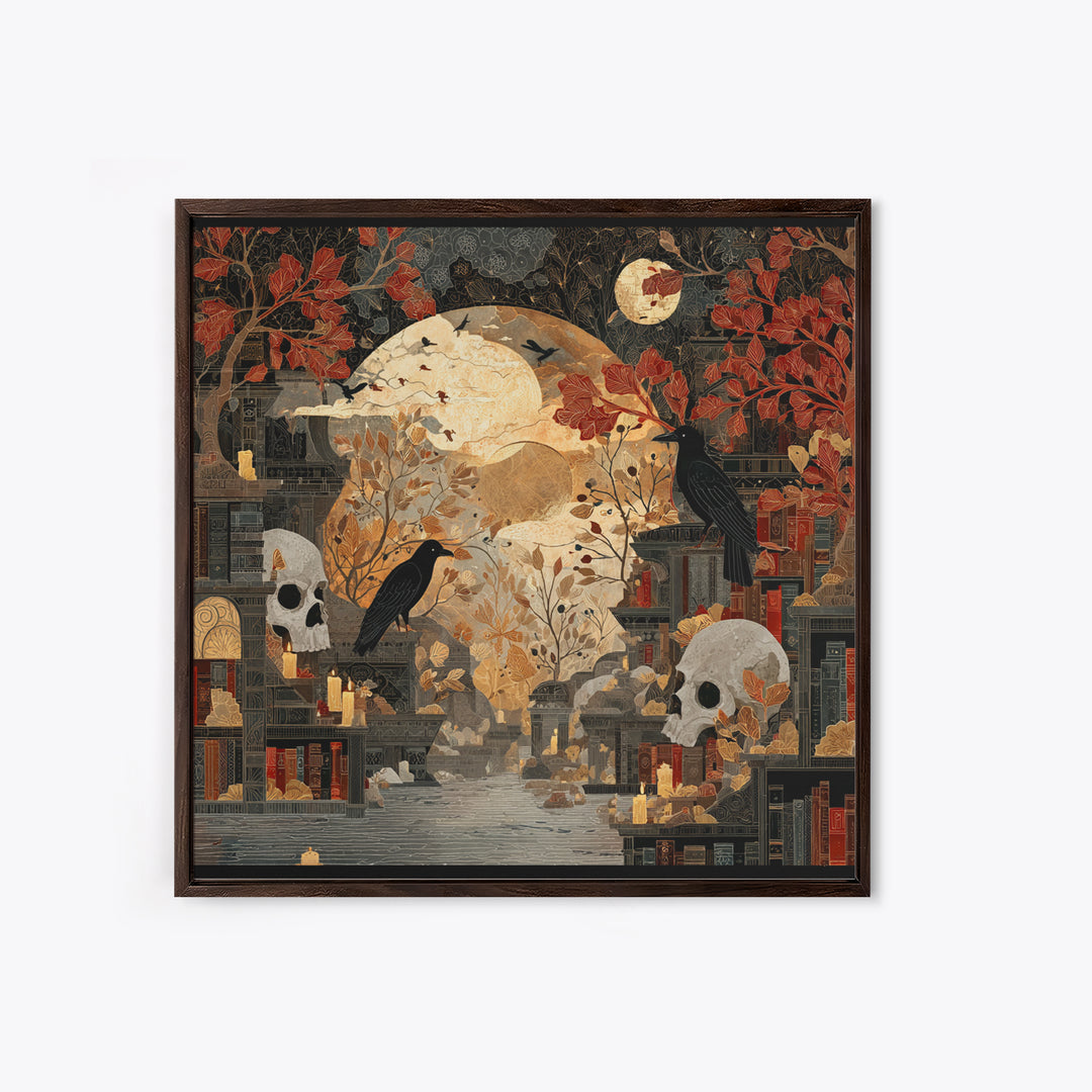 The Catacomb Library - Surreal Celestial Vision, Macabre Halloween Art, Square Wall Art, Framed Canvas Print, Halloween Home Decor