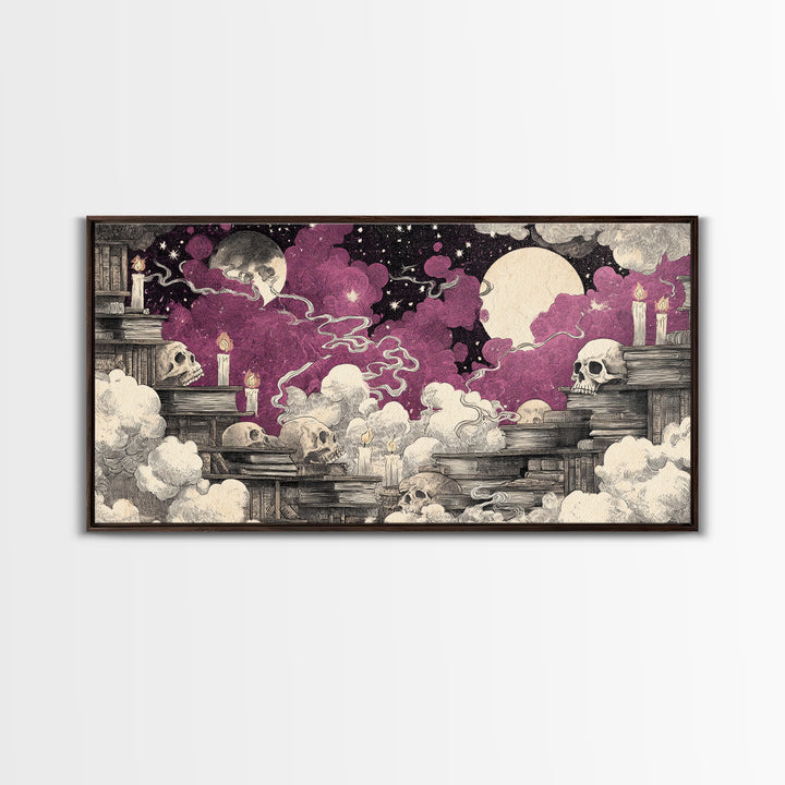 The Catacomb Library - Surreal Celestial Vision, Halloween Wall Art, Wide Panoramic Art, Framed Canvas Print, Halloween Home Decor