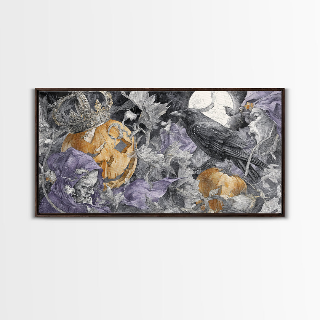 The Jack-O-Lantern Crown Jewels - Procession Scene, Spooky Wall Decor, Wide Panoramic Art, Framed Canvas Print, Halloween Home Decor