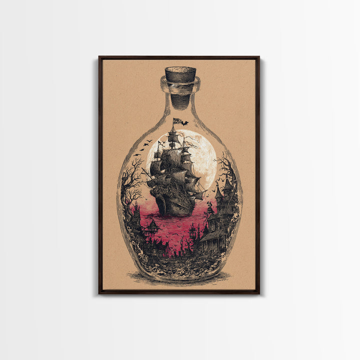 The Ghost Ship In A Bottle - Icon Portrait, Spooky Wall Decor, Vertical Wall Art, Framed Canvas Print, Halloween Home Decor, Gothic Wall Art
