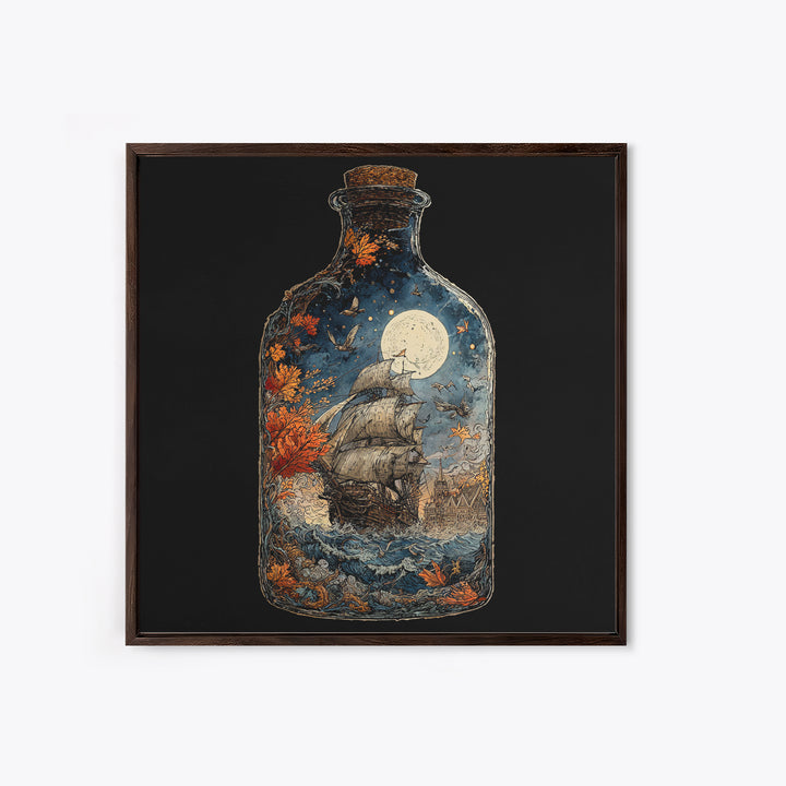 The Ghost Ship In A Bottle - Icon Portrait, Macabre Halloween Art, Square Wall Art, Framed Canvas Print, Halloween Home Decor