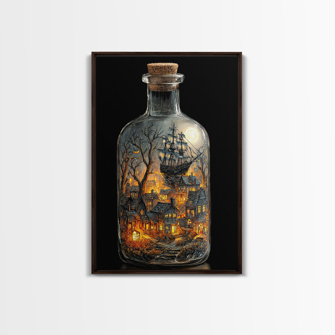 The Ghost Ship In A Bottle - Environmental Panorama, Macabre Halloween Art, Vertical Wall Art, Framed Canvas Print, Halloween Home Decor