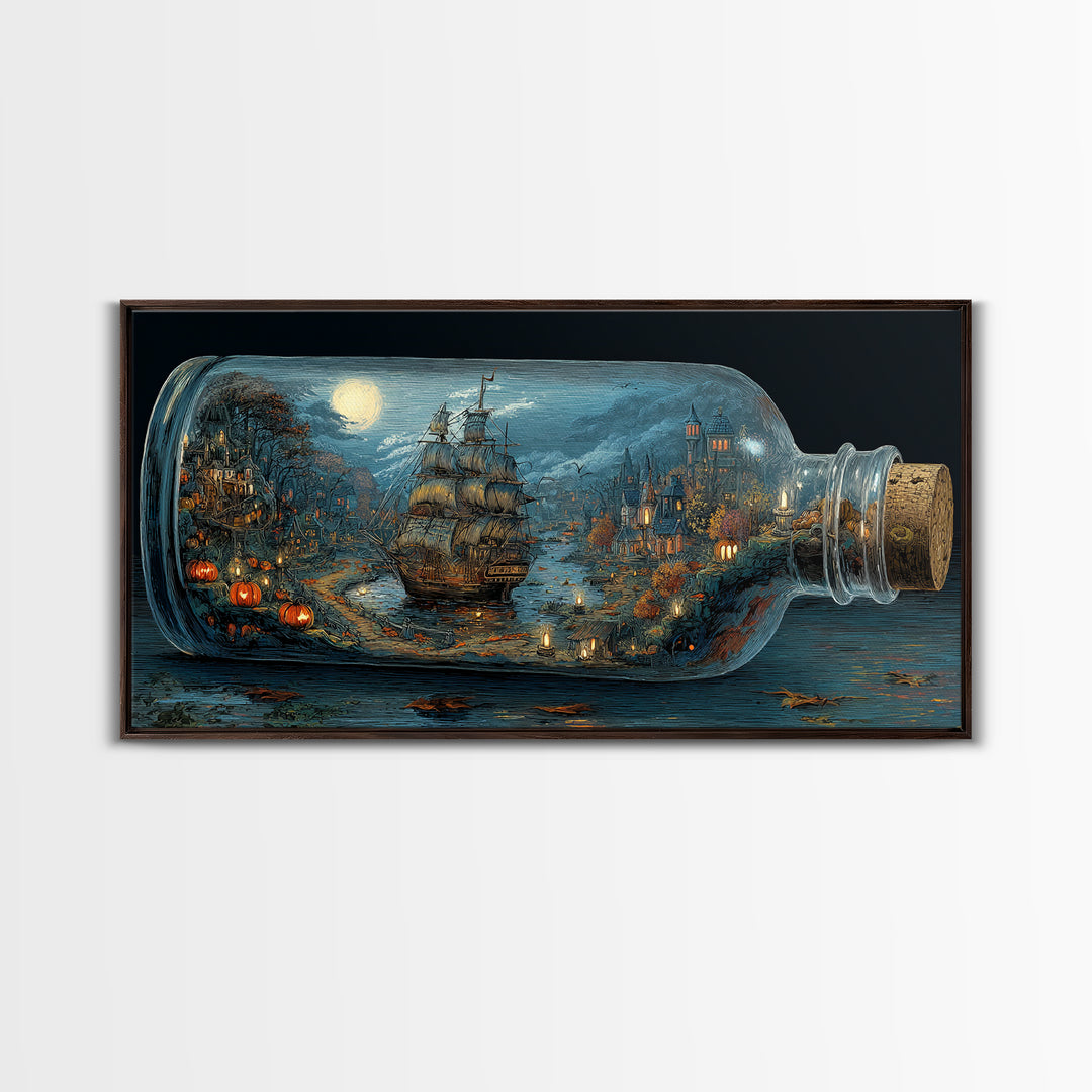 The Ghost Ship In A Bottle - Environmental Panorama, Gothic Home Decor, Wide Panoramic Art, Canvas Print, Halloween Home Decor