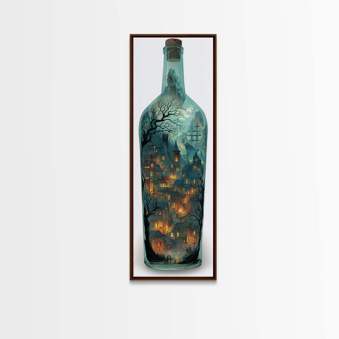 The Ghost Ship In A Bottle - Environmental Panorama, Spooky Wall Decor, Tall Narrow Wall Art, Framed Canvas Print, Halloween Home Decor