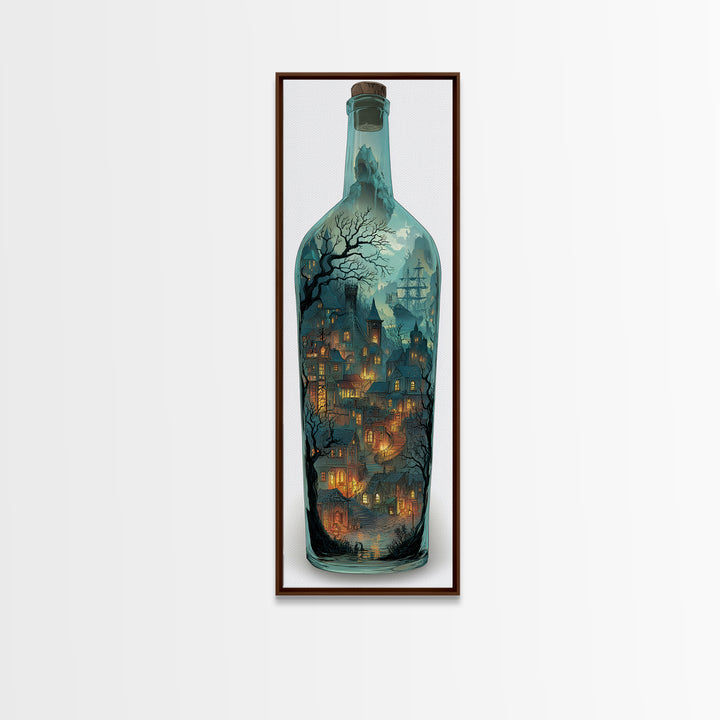 The Ghost Ship In A Bottle - Environmental Panorama, Spooky Wall Decor, Tall Narrow Wall Art, Framed Canvas Print, Halloween Home Decor