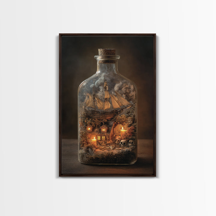 The Ghost Ship In A Bottle - Occult Still Life, Dark Fantasy Wall Art, Vertical Wall Art, Canvas Print, Halloween Home Decor