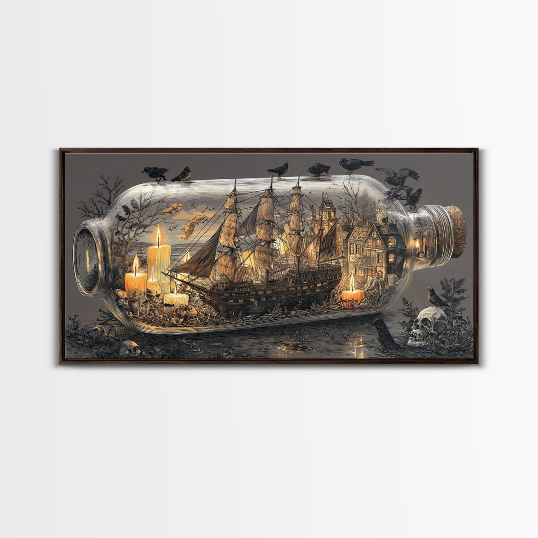 The Ghost Ship In A Bottle - Occult Still Life, Spooky Wall Decor, Wide Panoramic Art, Framed Canvas Print, Halloween Home Decor