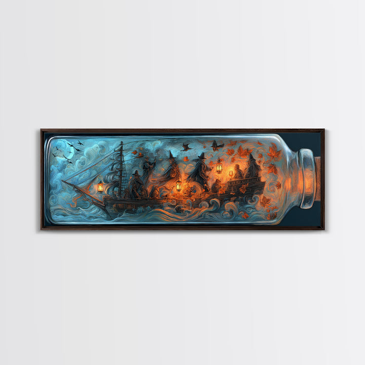 The Ghost Ship In A Bottle - Procession Scene, Halloween Wall Art, Extra Wide Wall Art, Framed Canvas Print, Halloween Home Decor