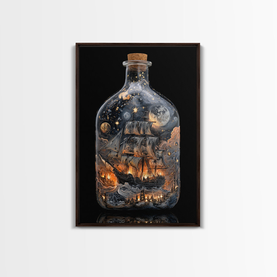 The Ghost Ship In A Bottle - Surreal Celestial Vision, Spooky Wall Decor, Vertical Wall Art, Framed Canvas Print, Halloween Home Decor