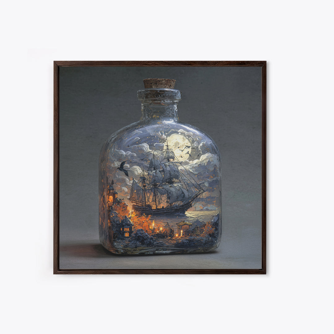 The Ghost Ship In A Bottle - Surreal Celestial Vision, Gothic Home Decor, Square Wall Art, Canvas Print, Halloween Home Decor