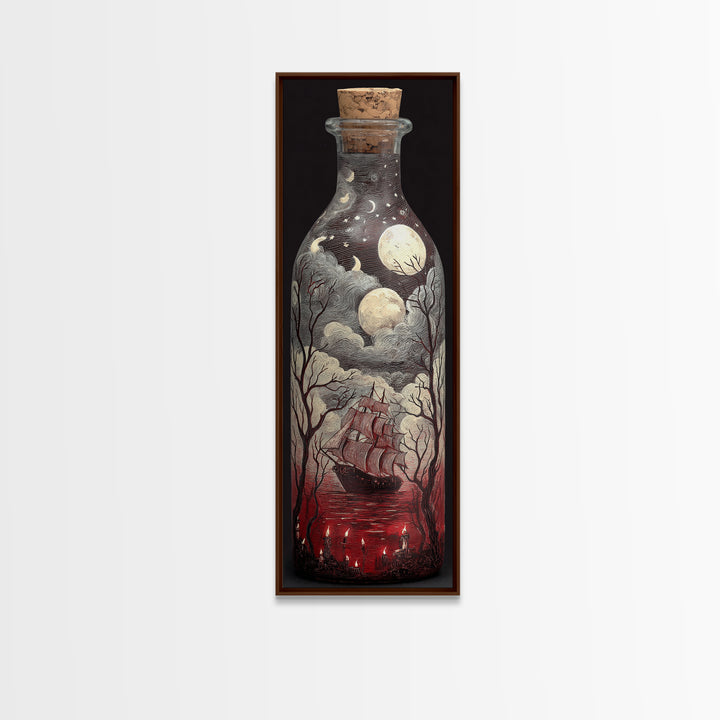 The Ghost Ship In A Bottle - Surreal Celestial Vision, Halloween Wall Art, Tall Narrow Wall Art, Framed Canvas Print, Halloween Home Decor