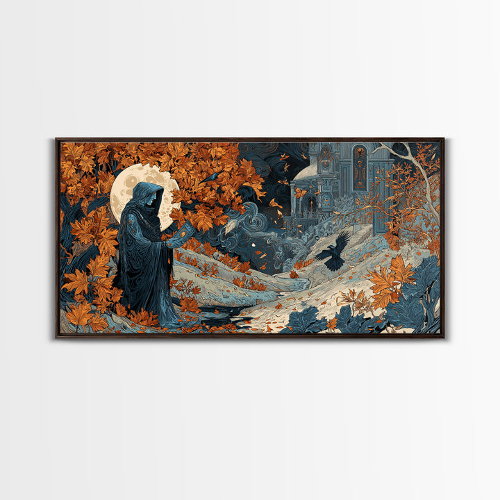 The Harvest Moon Tarot Reader - Environmental Panorama, Dark Fantasy Wall Art, Wide Panoramic Art, Canvas Print, Halloween Home Decor