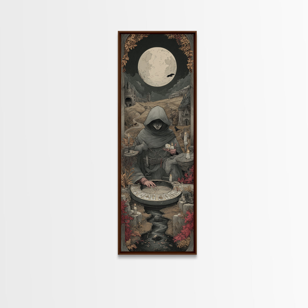 The Harvest Moon Tarot Reader - Environmental Panorama, Dark Fantasy Wall Art, Tall Narrow Wall Art, Canvas Print, Halloween Home Decor
