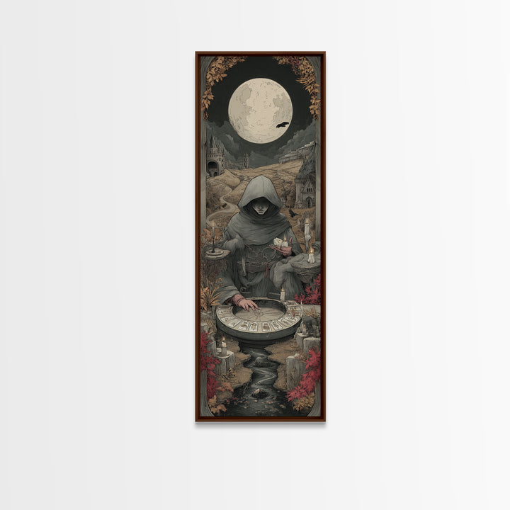 The Harvest Moon Tarot Reader - Environmental Panorama, Dark Fantasy Wall Art, Tall Narrow Wall Art, Canvas Print, Halloween Home Decor