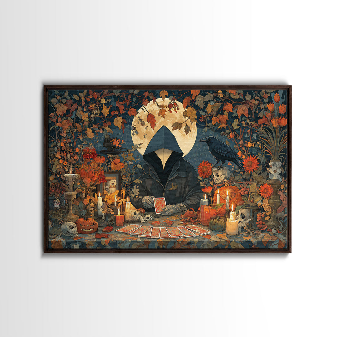 The Harvest Moon Tarot Reader - Occult Still Life, Occult Wall Decor, Landscape Wall Art, Canvas Print, Halloween Home Decor