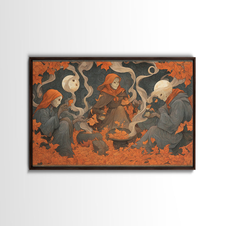 The Harvest Moon Tarot Reader - Procession Scene, Halloween Wall Art, Landscape Wall Art, Framed Canvas Print, Halloween Home Decor