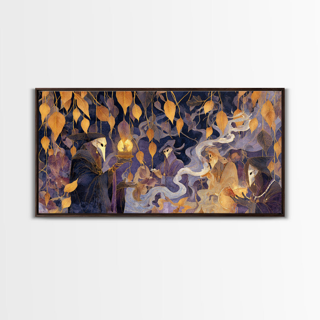 The Harvest Moon Tarot Reader - Procession Scene, Dark Fantasy Wall Art, Wide Panoramic Art, Canvas Print, Halloween Home Decor