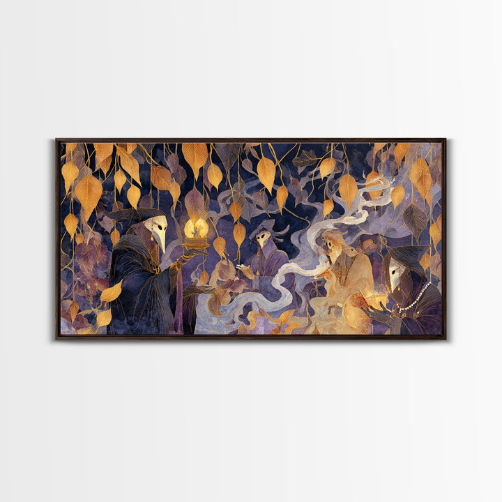 The Harvest Moon Tarot Reader - Procession Scene, Dark Fantasy Wall Art, Wide Panoramic Art, Canvas Print, Halloween Home Decor