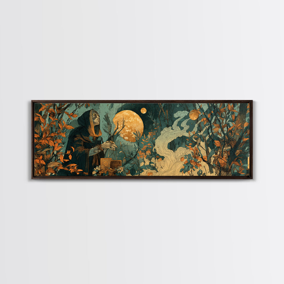 The Harvest Moon Tarot Reader - Surreal Celestial Vision, Occult Wall Decor, Extra Wide Wall Art, Canvas Print, Halloween Home Decor