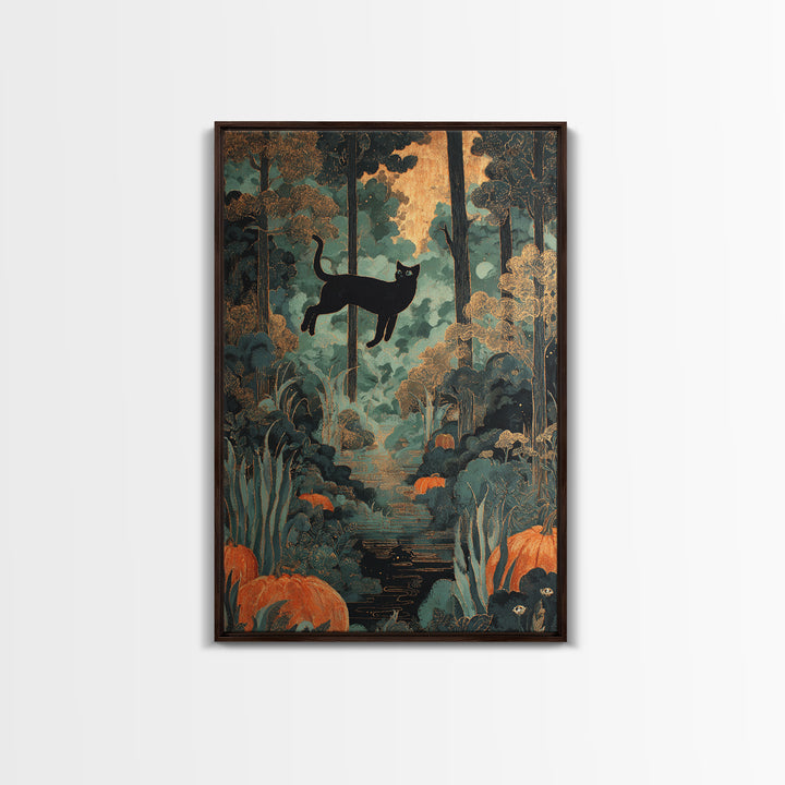 The Black Cat Constellation - Icon Portrait, Macabre Halloween Art, Vertical Wall Art, Framed Canvas Print, Halloween Home Decor