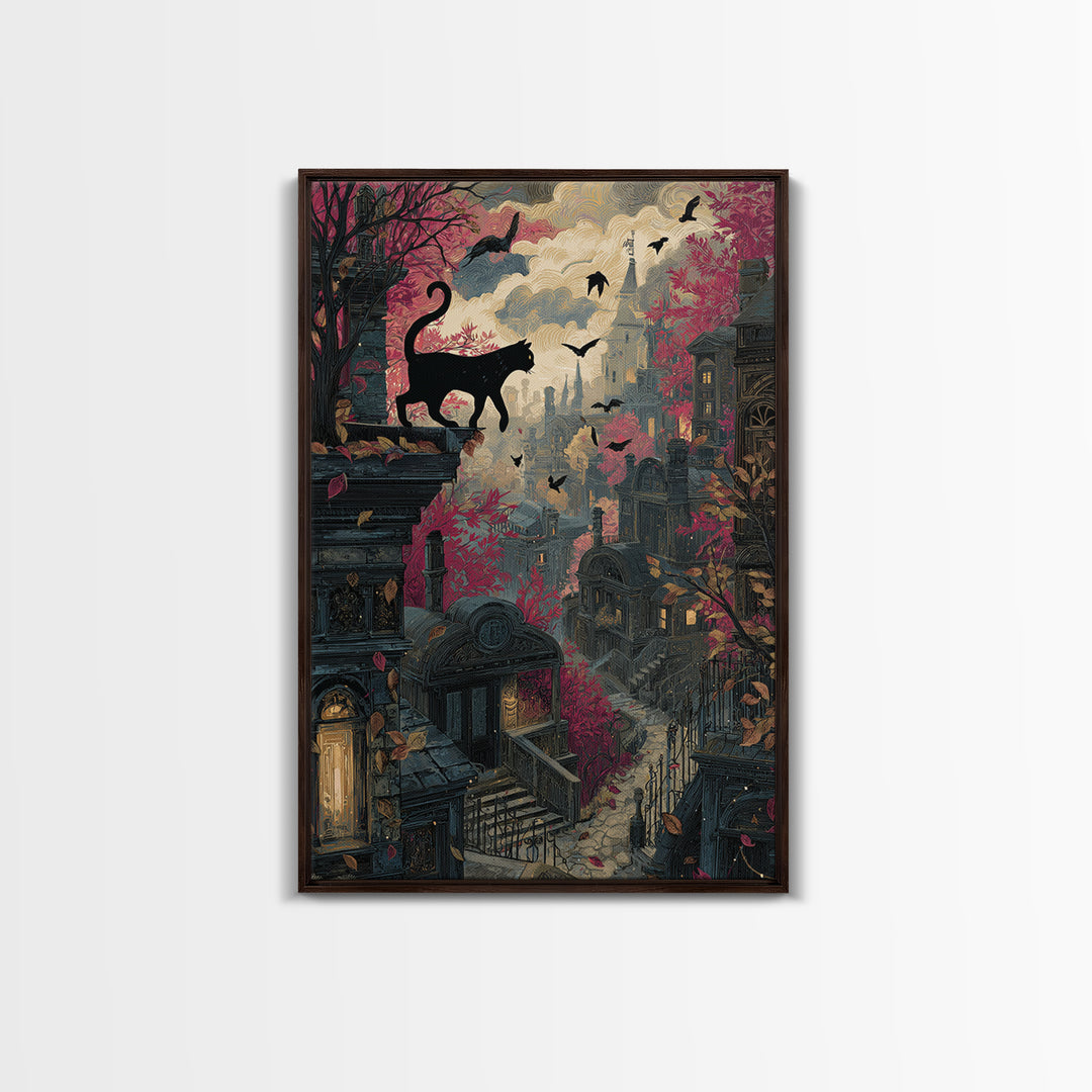 The Black Cat Constellation - Environmental Panorama, Macabre Halloween Art, Vertical Wall Art, Framed Canvas Print, Halloween Home Decor