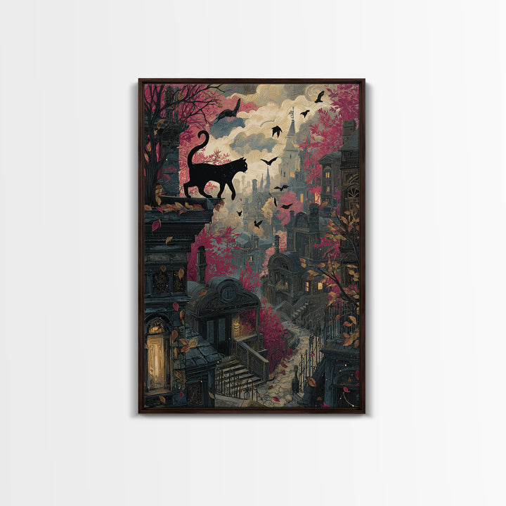 The Black Cat Constellation - Environmental Panorama, Macabre Halloween Art, Vertical Wall Art, Framed Canvas Print, Halloween Home Decor
