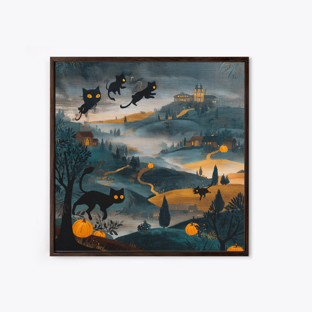 The Black Cat Constellation - Environmental Panorama, Halloween Wall Art, Square Wall Art, Framed Canvas Print, Halloween Home Decor